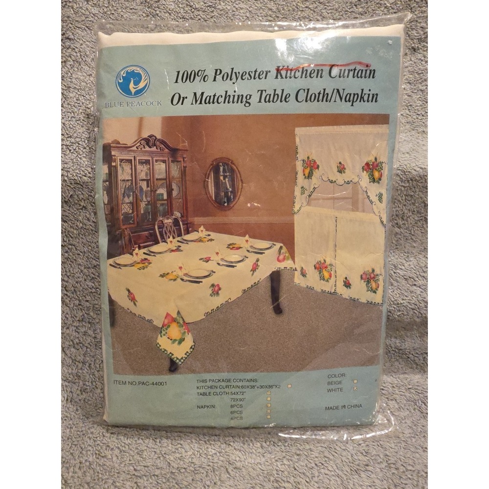 Blue Peacock Matching 54x72 Table Cloth And 6 Piece Napkin Set White And Fruit